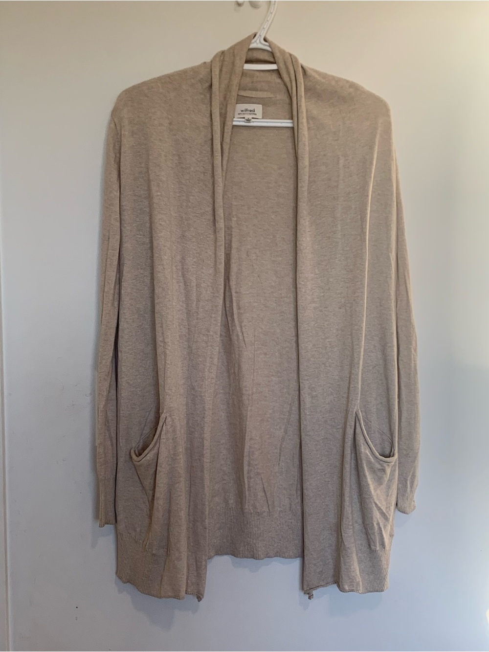 Aritzia Wilfred Silk Cashmere blend open front long cardigan size small pockets